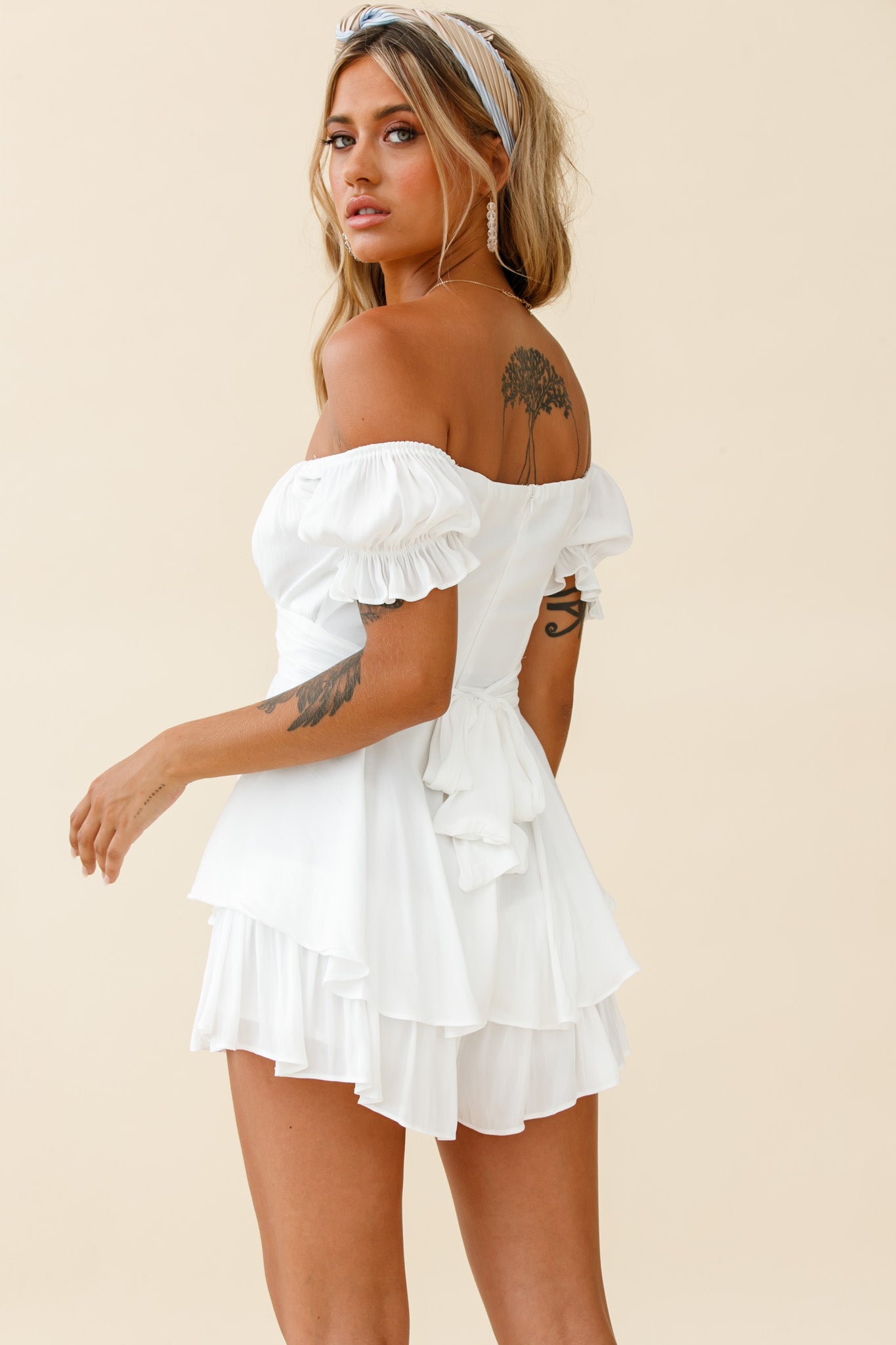 Linka Off-Shoulder Tie Back Romper White by Selfie Leslie