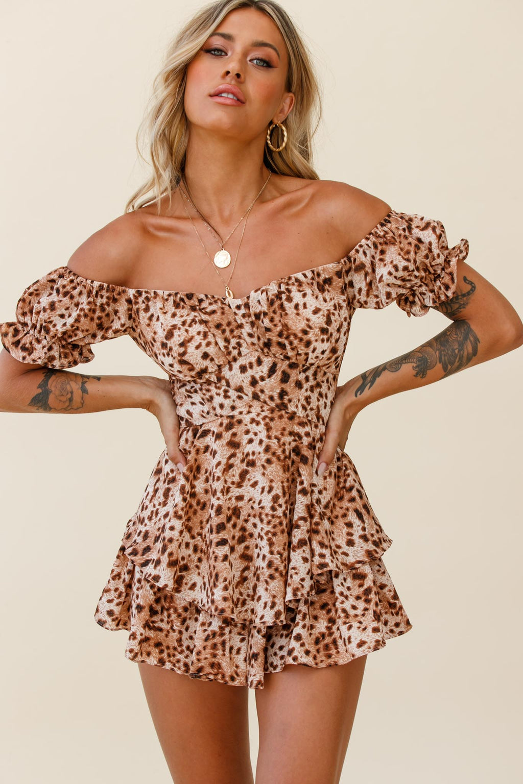 Linka Off-Shoulder Tie Back Romper Leopard Print Brown by Selfie Leslie