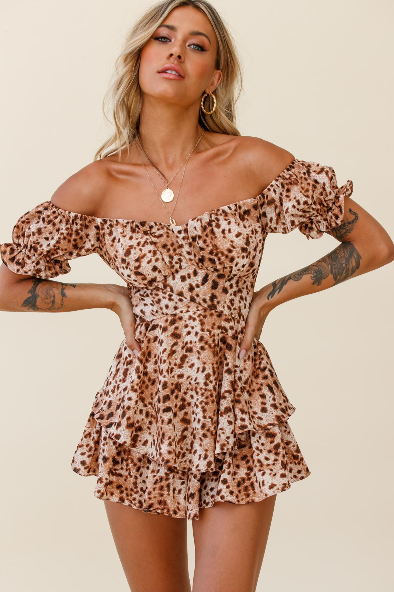 Linka Off-Shoulder Tie Back Romper Leopard Print Brown by Selfie Leslie