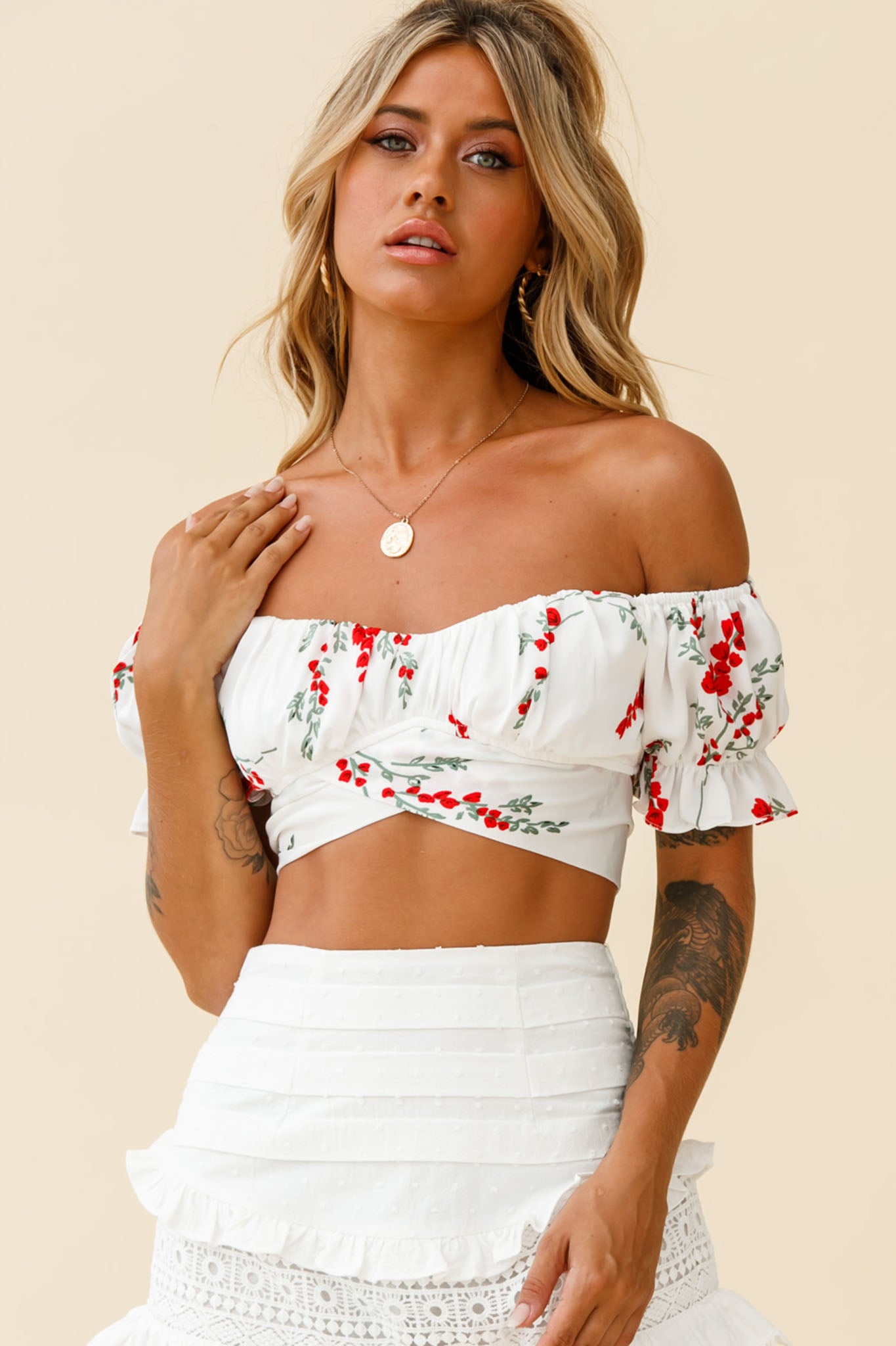 Linka Off-Shoulder Tie-Back Crop Top Red Floral Print White by Selfie Leslie