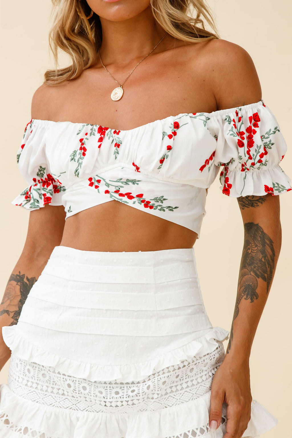 Linka Off-Shoulder Tie-Back Crop Top Red Floral Print White by Selfie Leslie