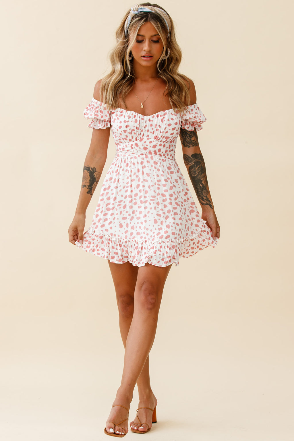 Linka Off-Shoulder Tie Back Dress Spot Print Pink/White by Selfie Leslie