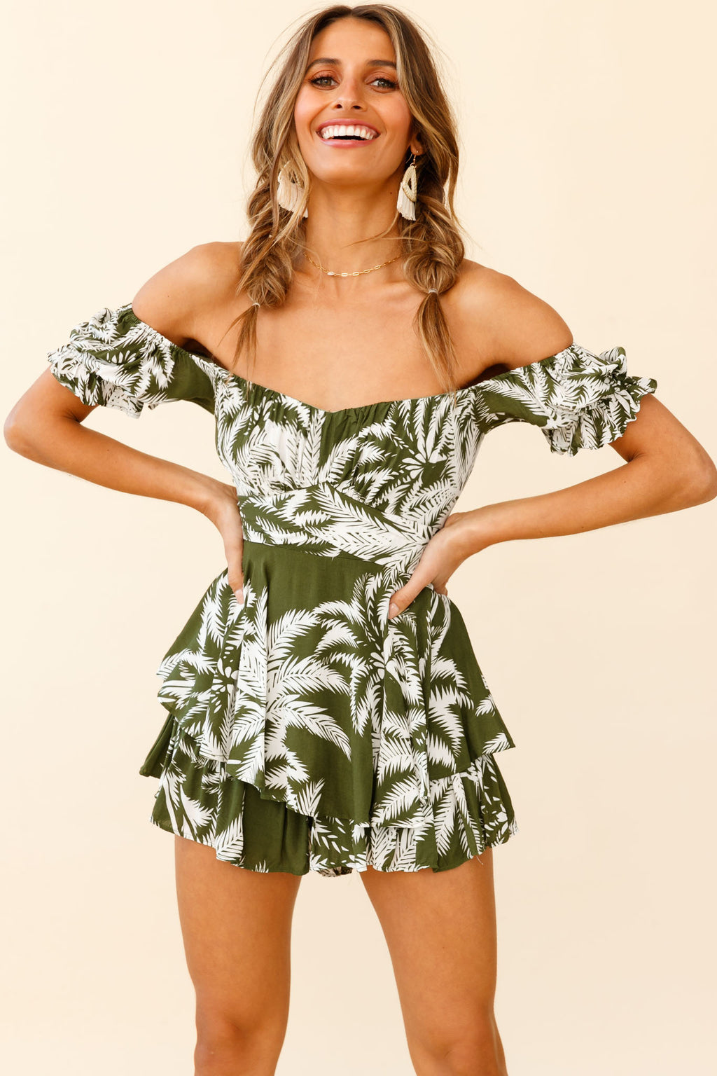Linka Off-Shoulder Tie Back Romper Palm Print Olive by Selfie Leslie