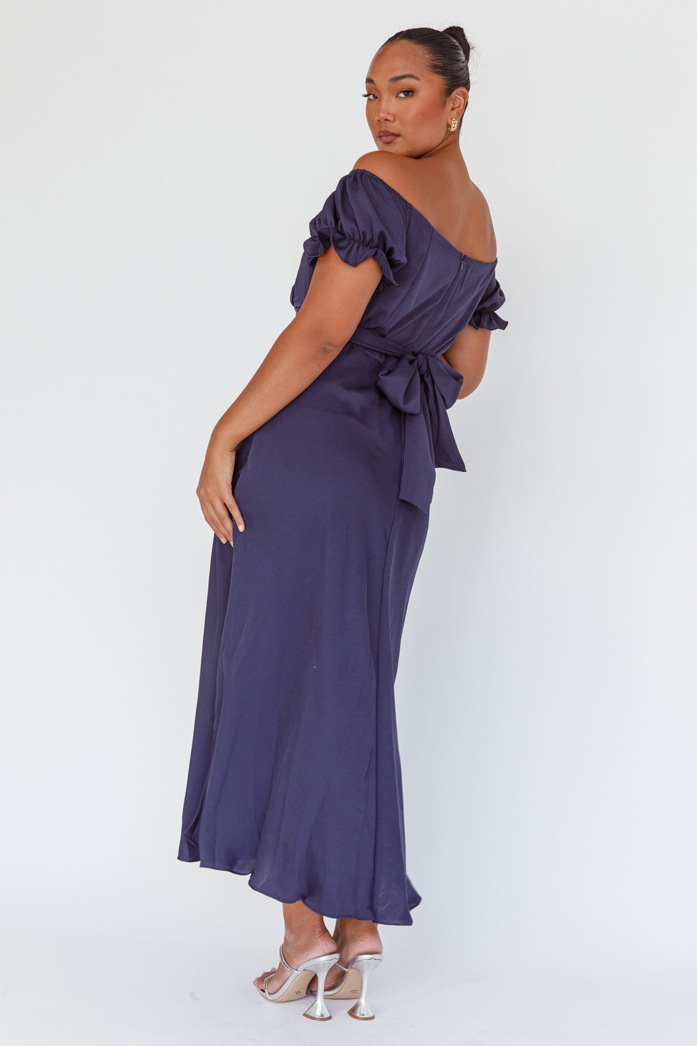 Linka Off-Shoulder Tie Back Midi Dress Navy by Selfie Leslie