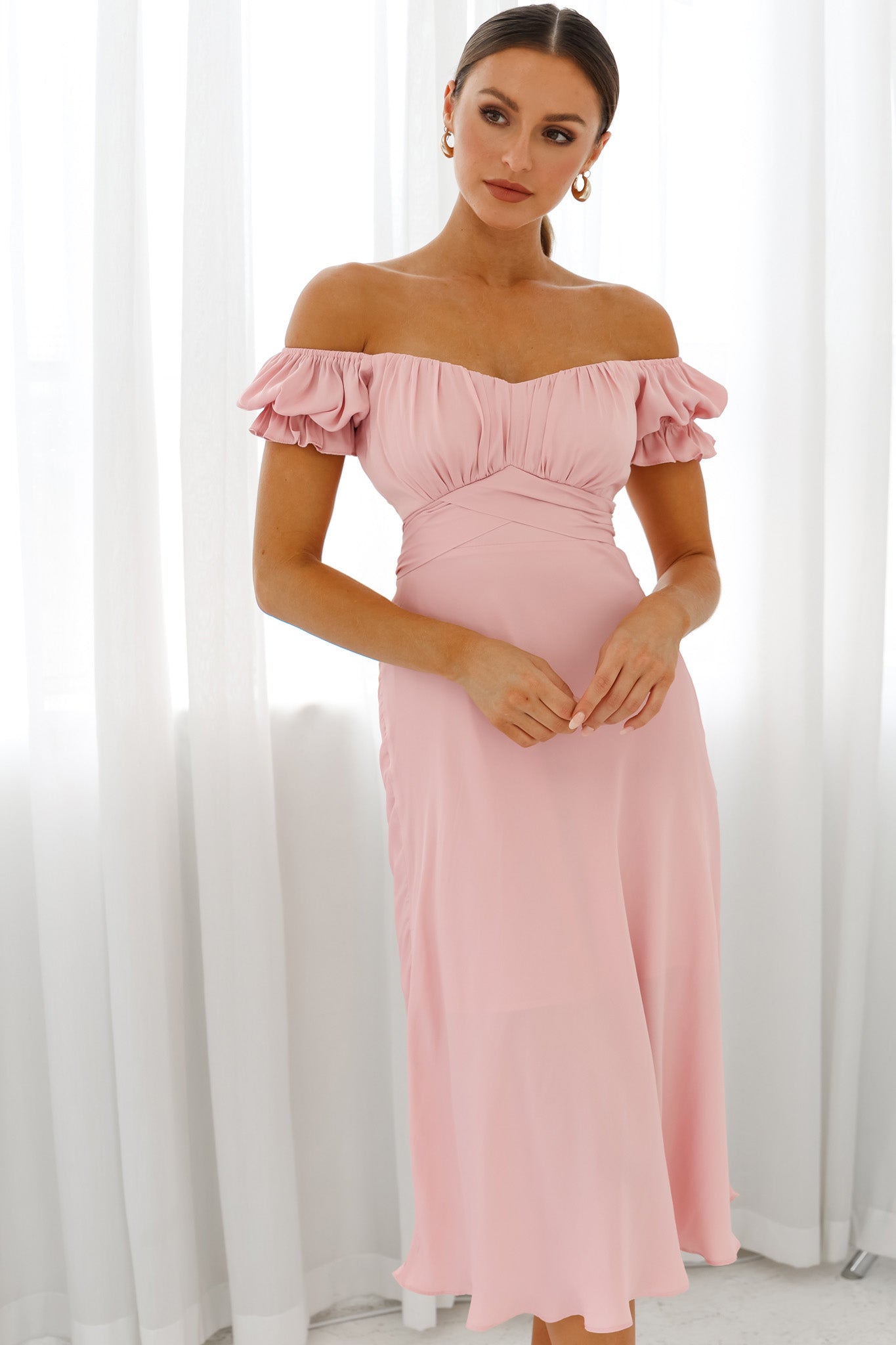 blush off the shoulder midi dress Linka Off-Shoulder Tie Back Midi Dress Blush