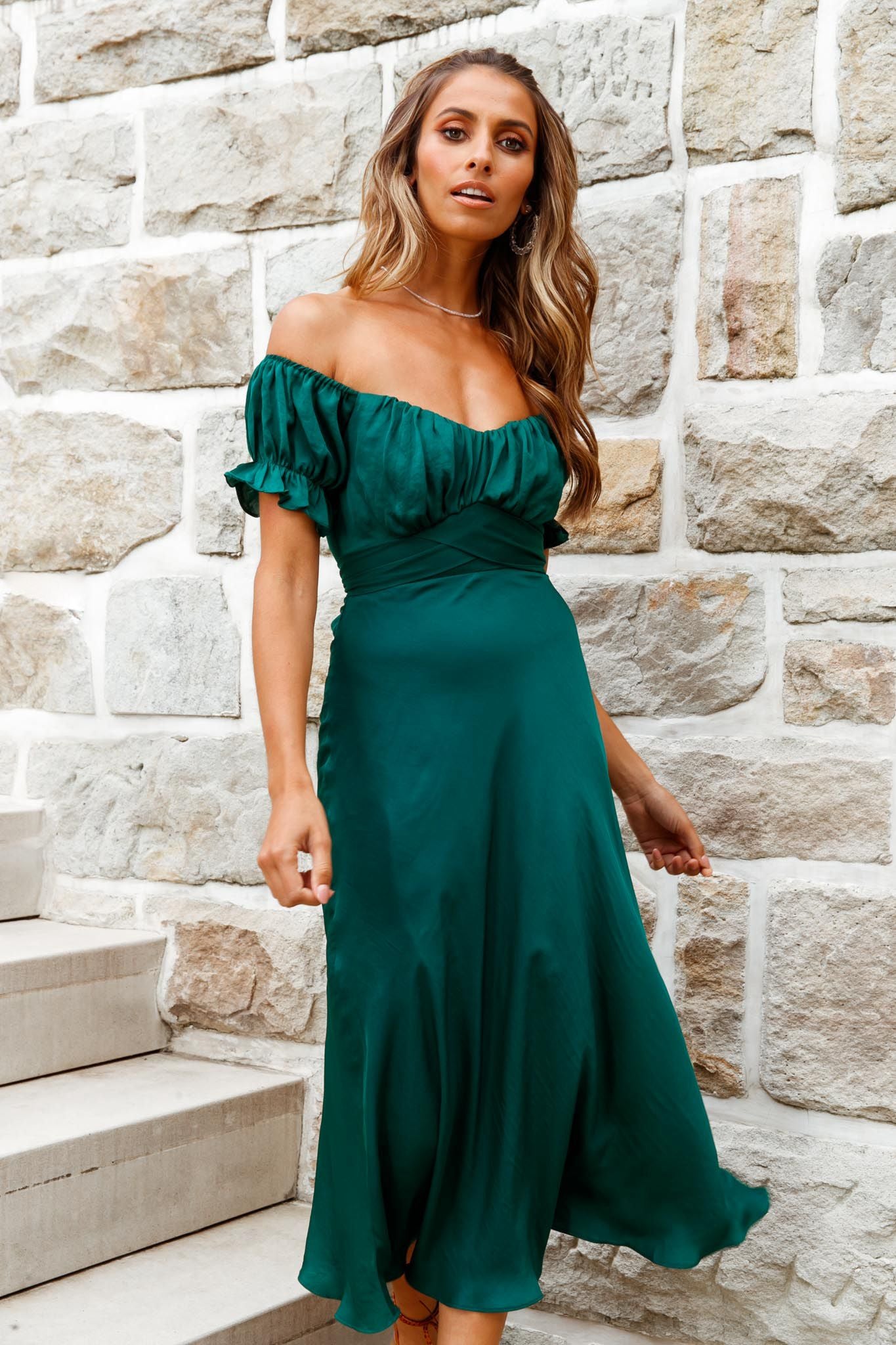 Linka Off-Shoulder Tie Back Midi Dress Forest Green by Selfie Leslie