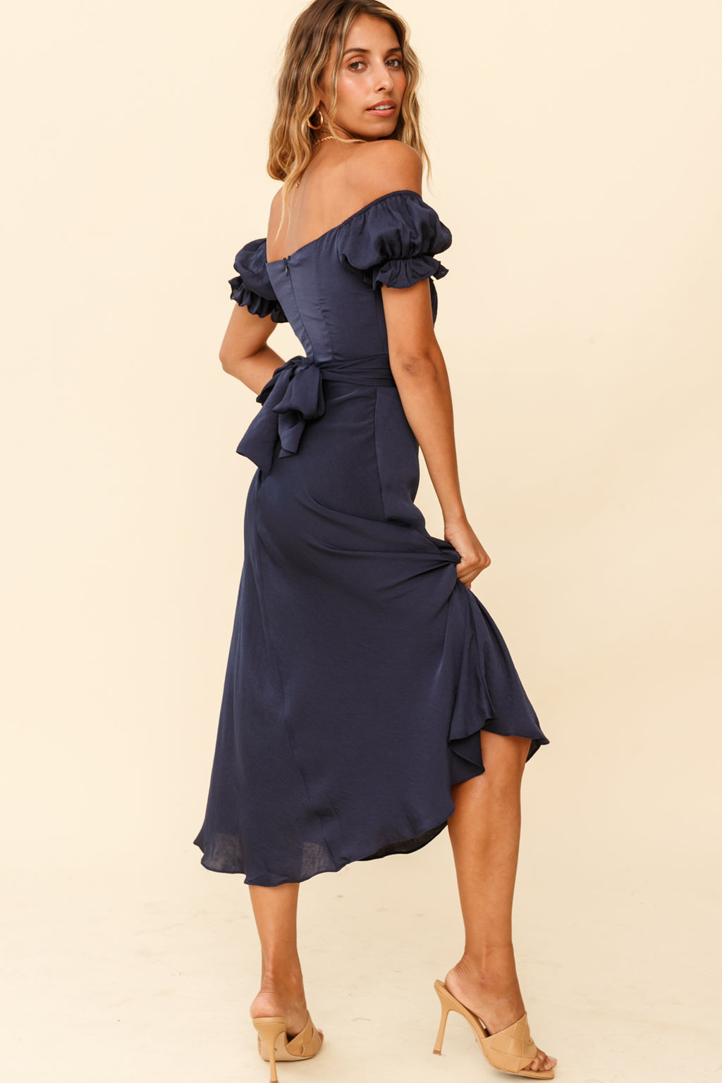 Linka Off-Shoulder Tie Back Midi Dress Navy by Selfie Leslie