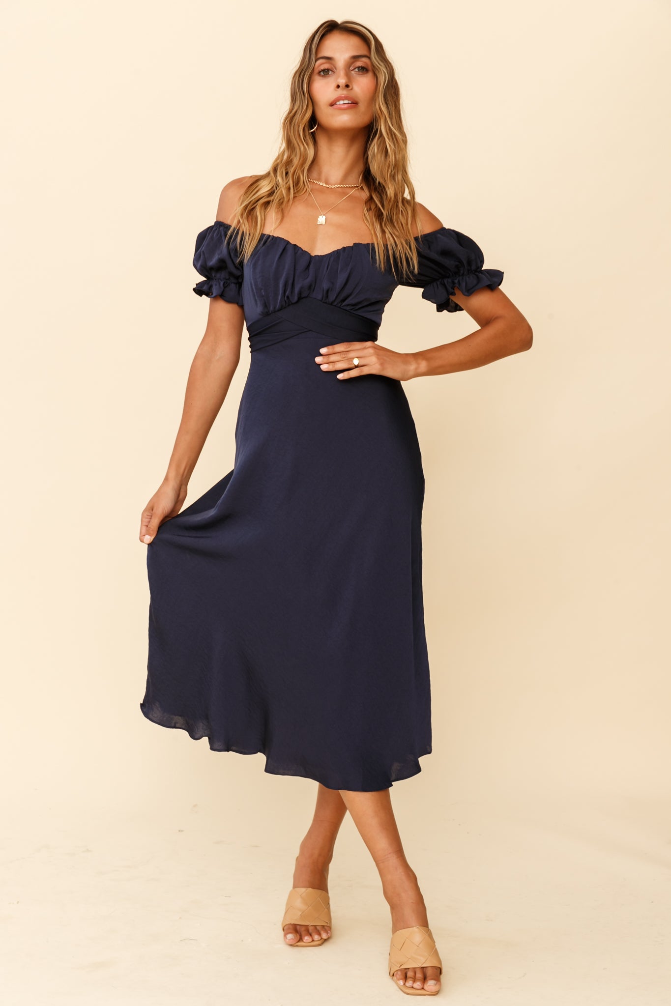 Linka Off-Shoulder Tie Back Midi Dress Navy by Selfie Leslie