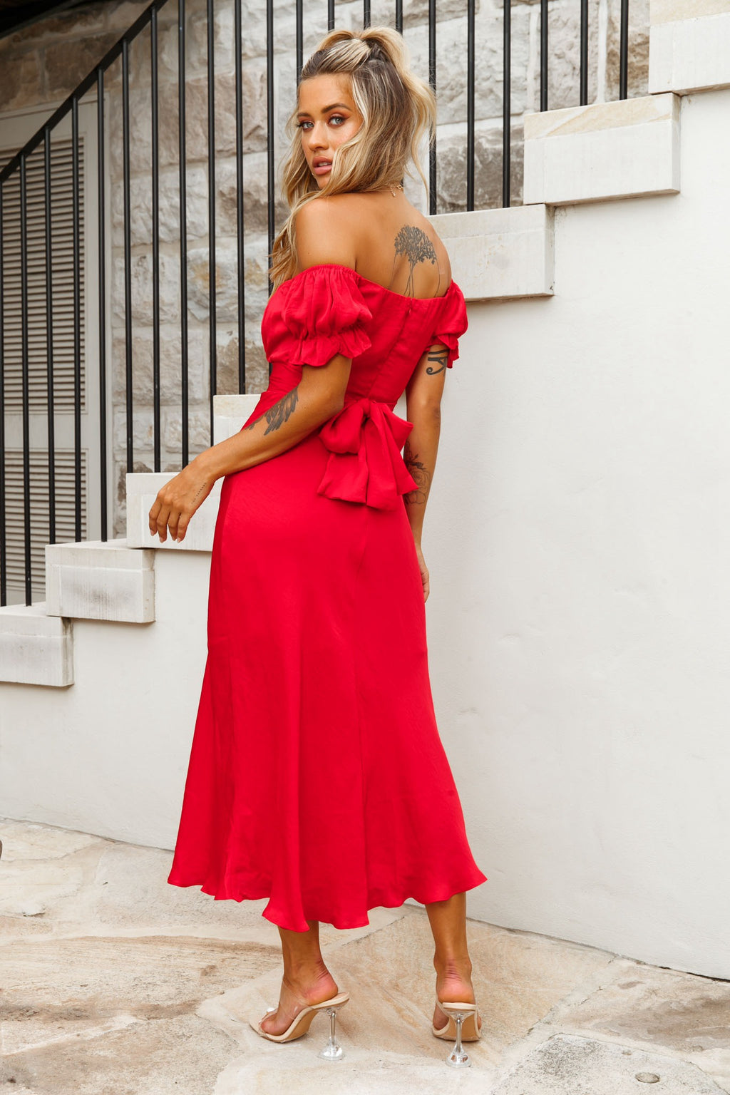 Linka Off-Shoulder Tie Back Midi Dress Red by Selfie Leslie