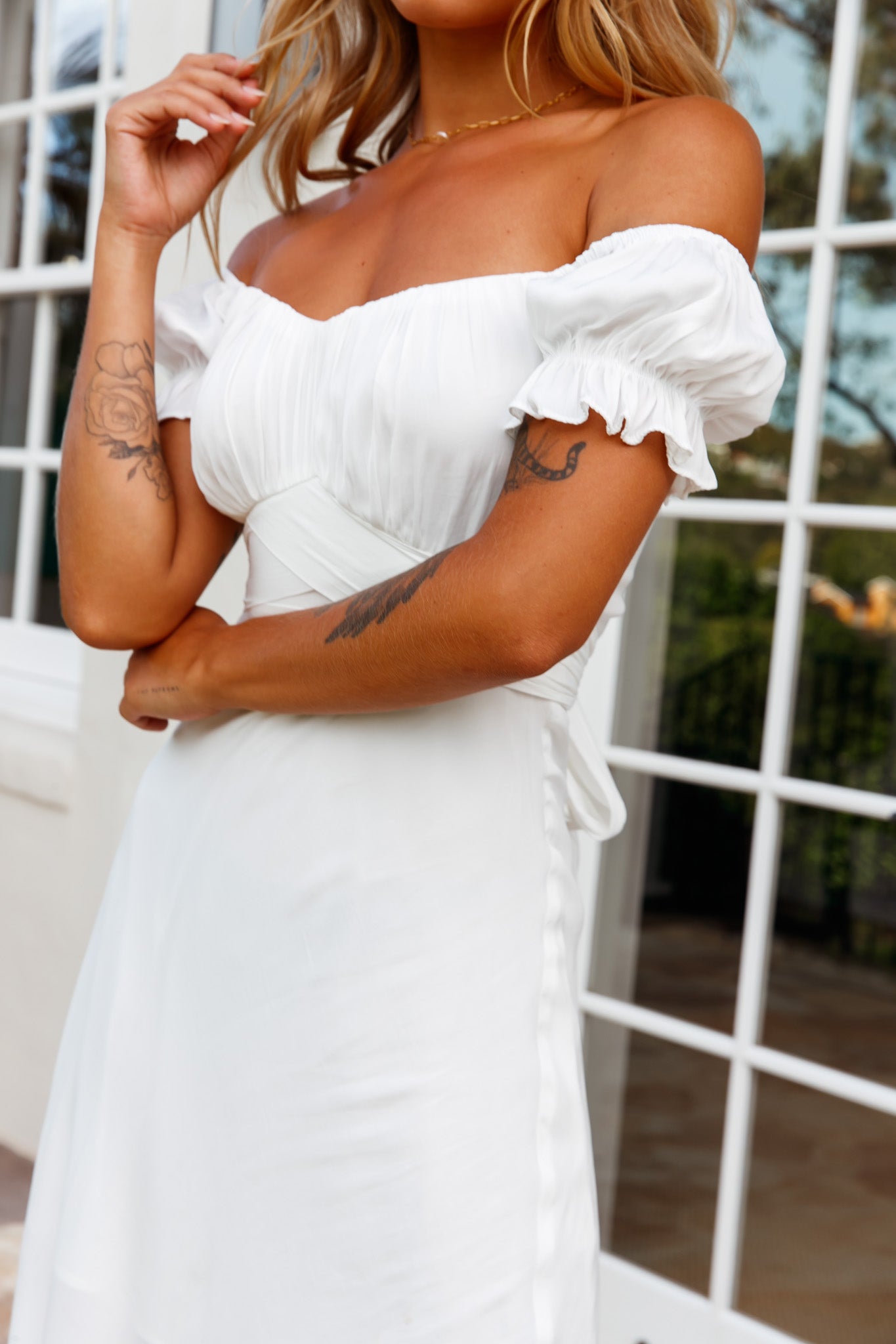 Linka Off-Shoulder Tie Back Midi Dress White by Selfie Leslie