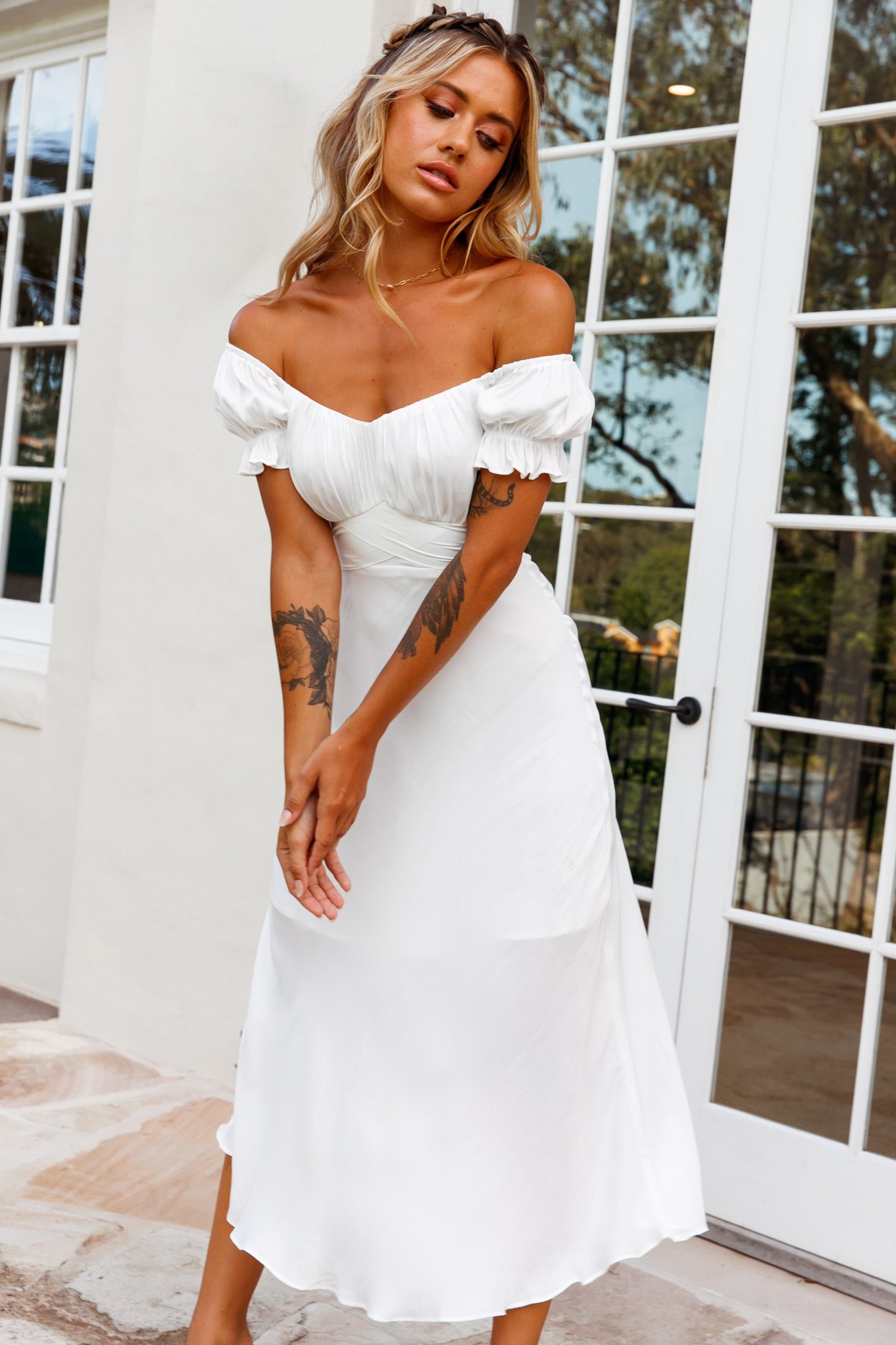 Linka Off-Shoulder Tie Back Midi Dress White M Linka Off-Shoulder Tie Back Midi Dress White M