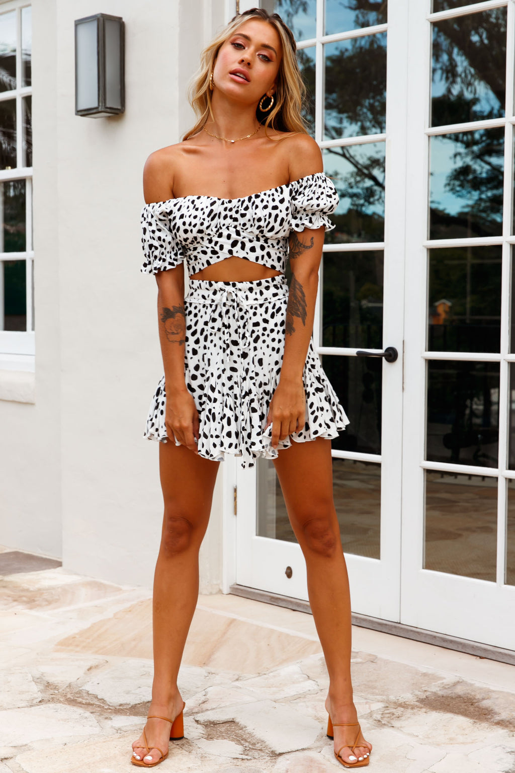 Linka Off-Shoulder Tie-Back Crop Top Dalmatian Print Black/White by Selfie Leslie