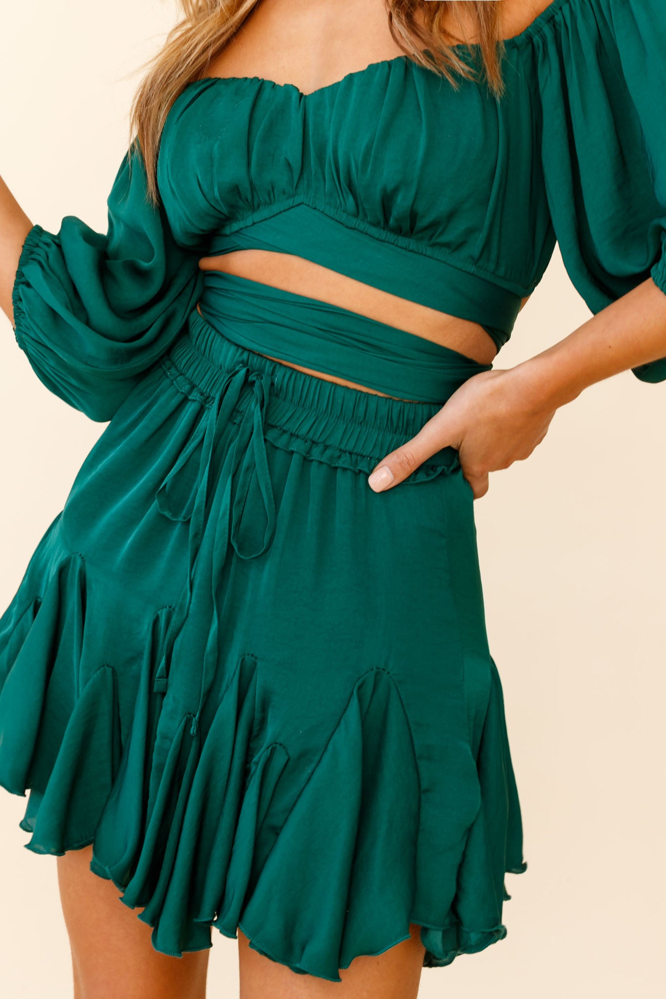 Linka Off-Shoulder Half Sleeve Tie-Back Crop Top Forest Green by Selfie Leslie