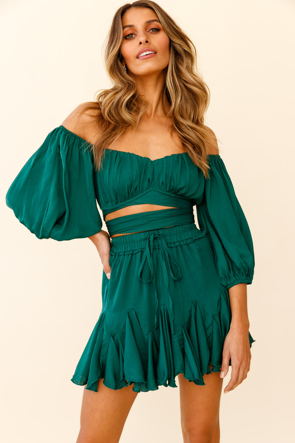 Linka Off-Shoulder Half Sleeve Tie-Back Crop Top Forest Green by Selfie Leslie