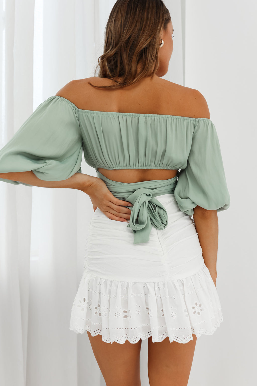 Linka Off-Shoulder Half Sleeve Tie-Back Crop Top Pistachio by Selfie Leslie