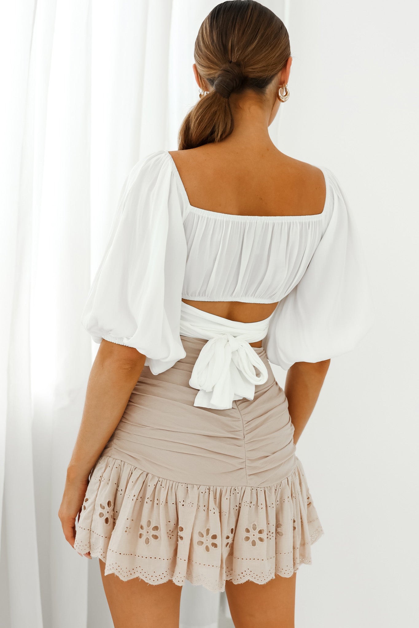 Linka Off-Shoulder Half Sleeve Tie-Back Crop Top White by Selfie Leslie