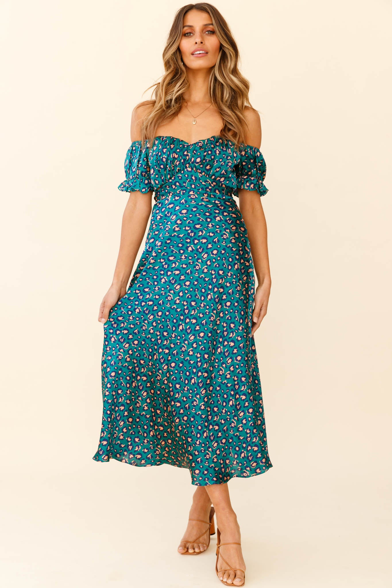 Linka Off-Shoulder Tie Back Midi Dress Leopard Print Green Selfie Leslie Linka Off-Shoulder Tie Back Midi Dress Leopard Print Green Selfie Leslie