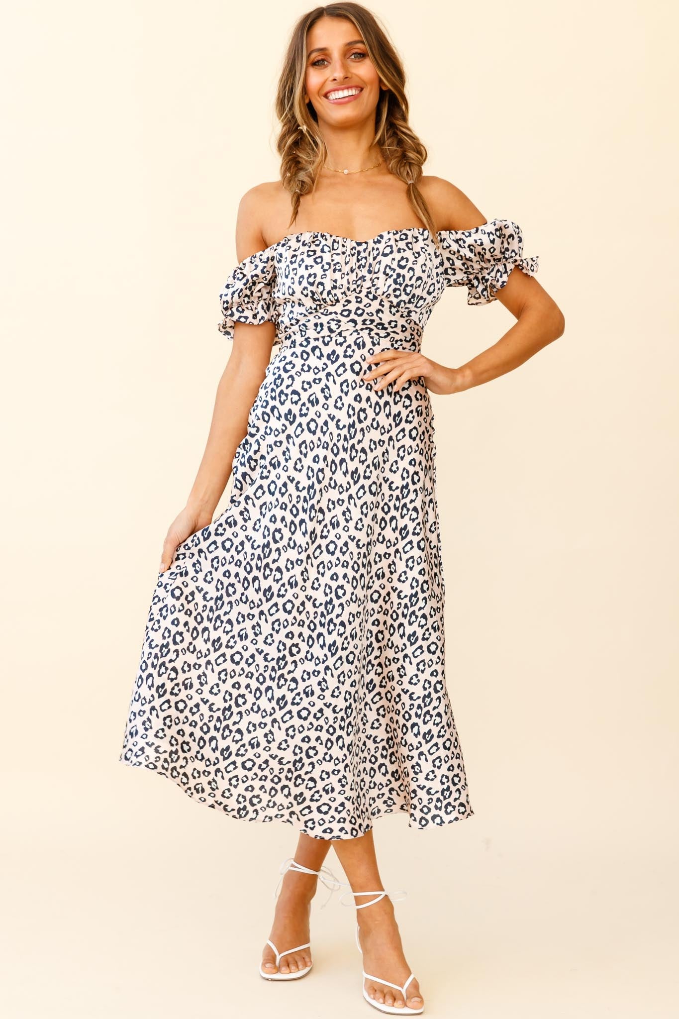 Linka Off-Shoulder Tie Back Midi Dress Leopard Print Pink by Selfie Leslie