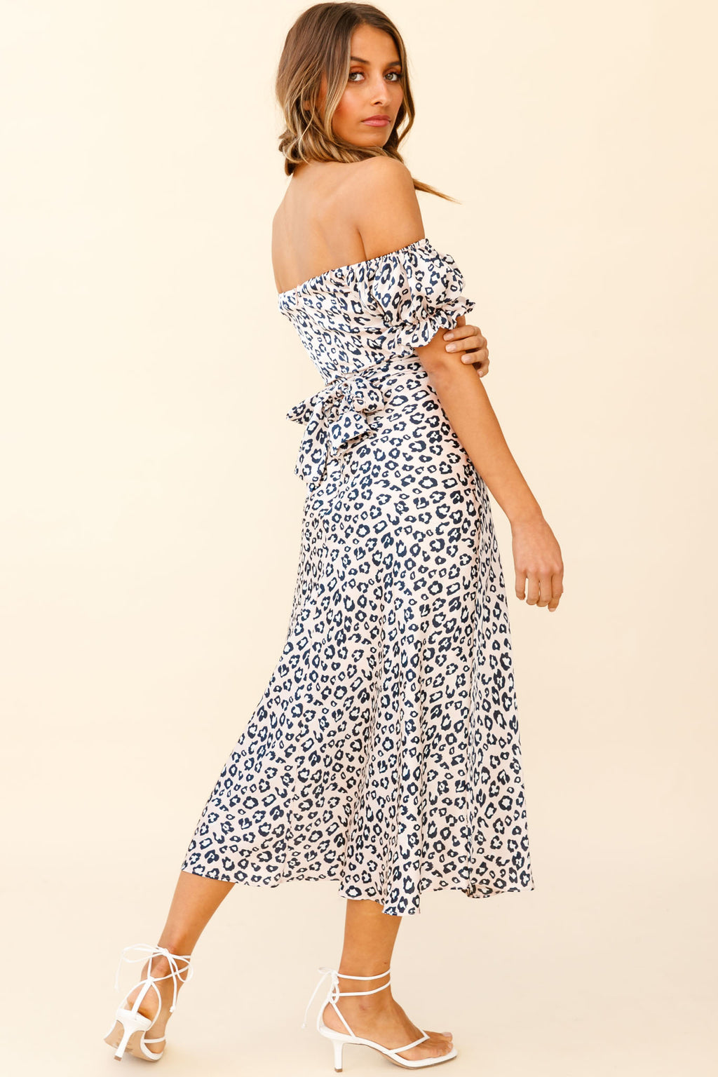 Linka Off-Shoulder Tie Back Midi Dress Leopard Print Pink by Selfie Leslie