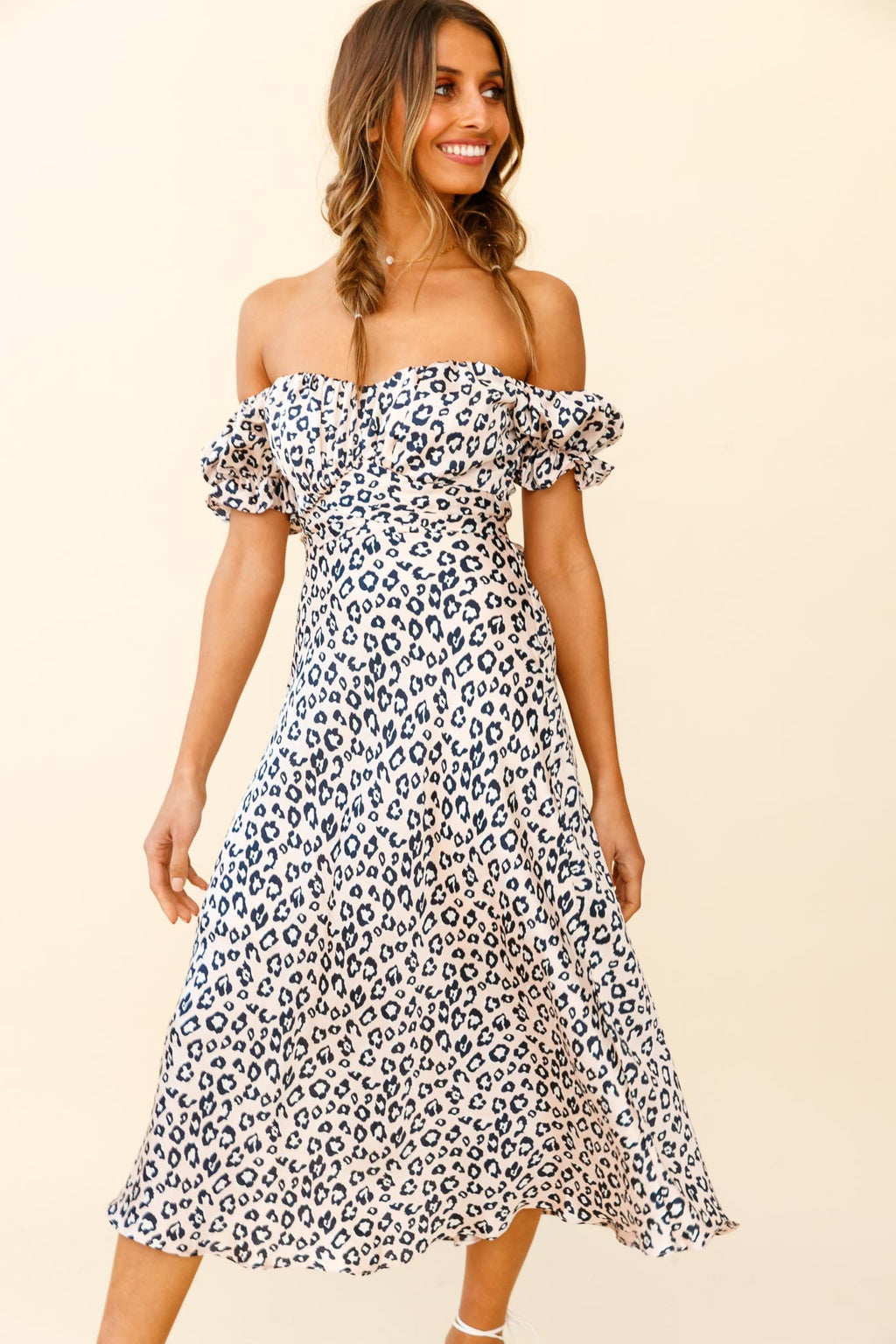 Linka Off-Shoulder Tie Back Midi Dress Leopard Print Pink by Selfie Leslie