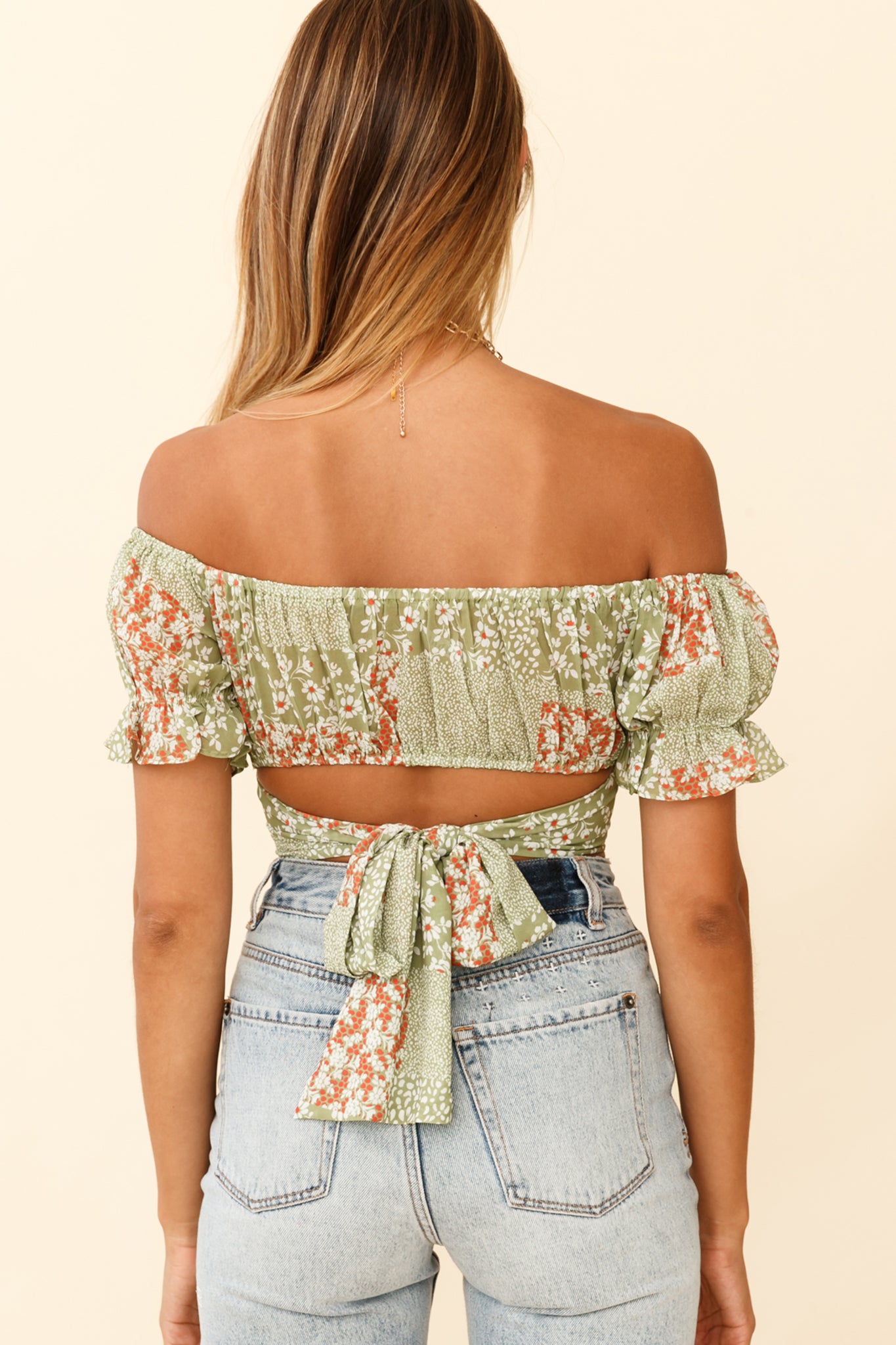 Linka Off-Shoulder Tie-Back Crop Top Mini Flower Print Green by Selfie Leslie