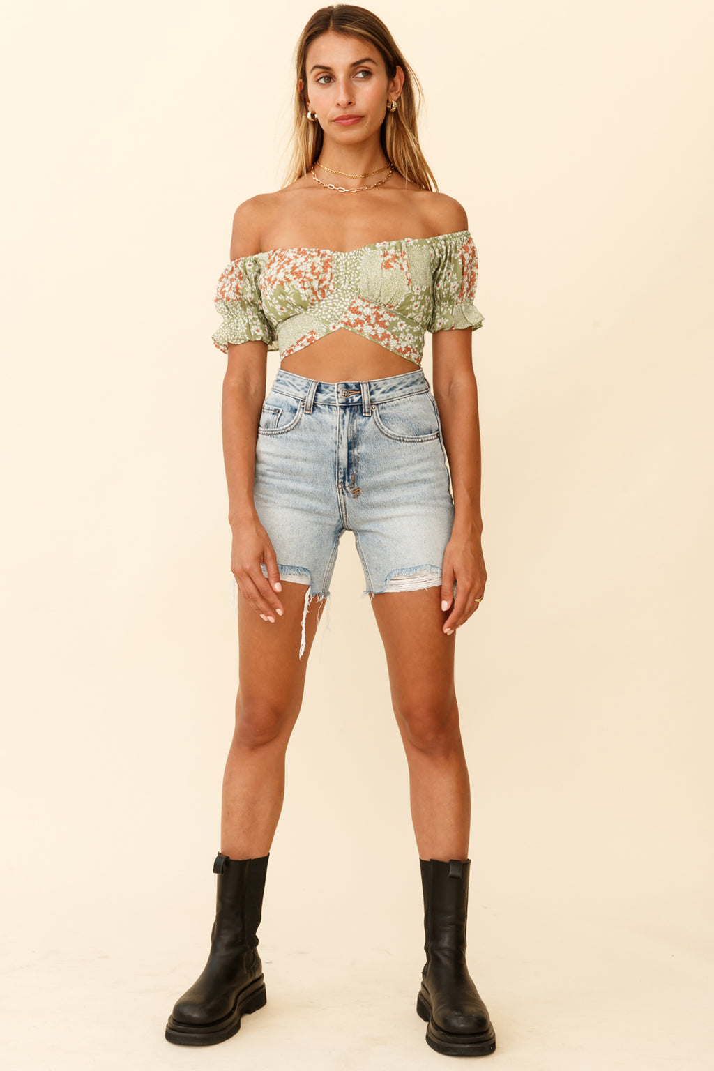 Linka Off-Shoulder Tie-Back Crop Top Mini Flower Print Green by Selfie Leslie