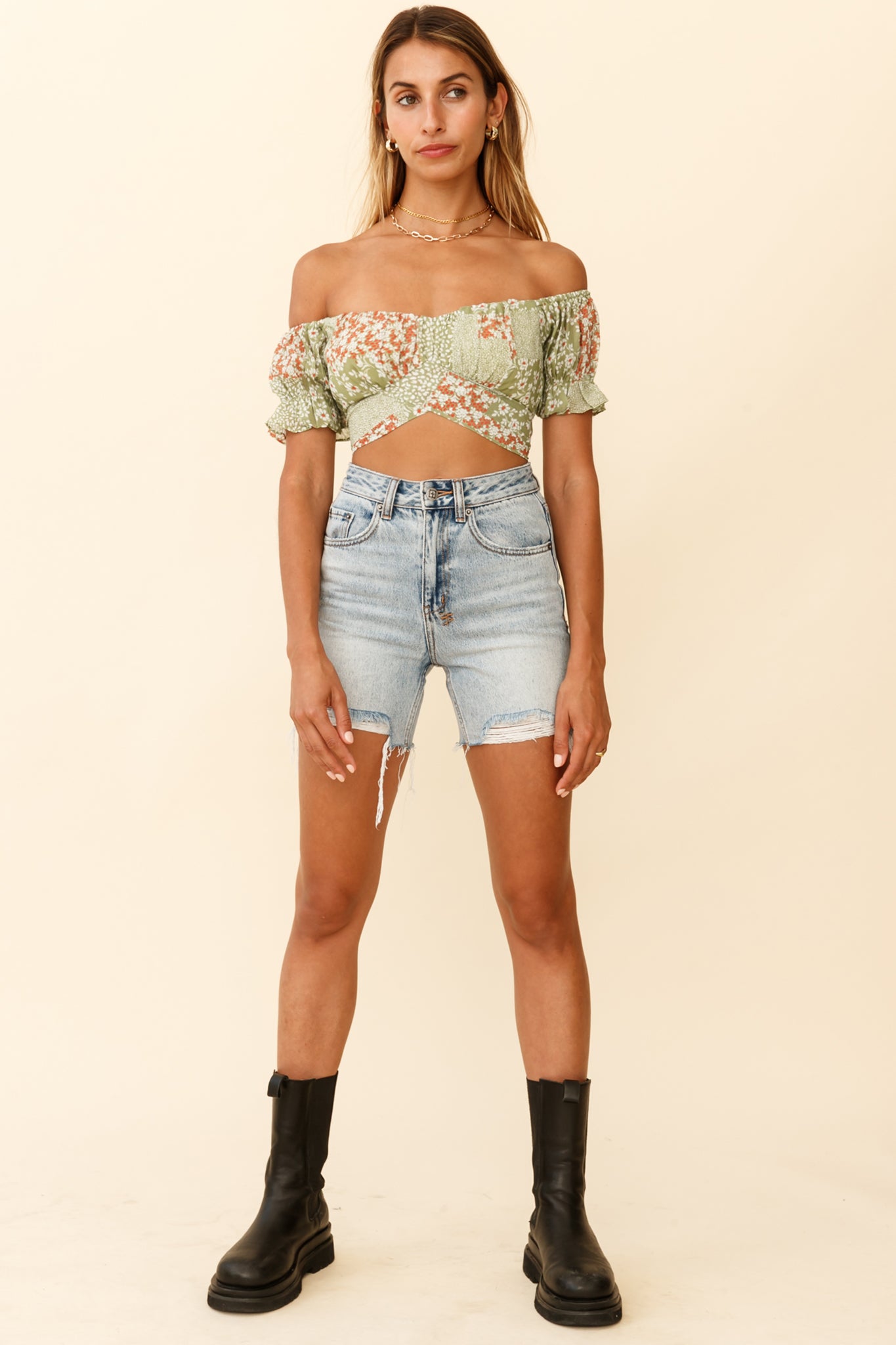Linka Off-Shoulder Tie-Back Crop Top Mini Flower Print Green by Selfie Leslie
