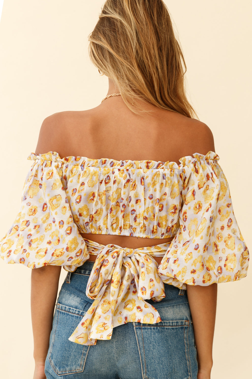 Linka Off-Shoulder Tie-Back Crop Top Leopard Print Yellow by Selfie Leslie
