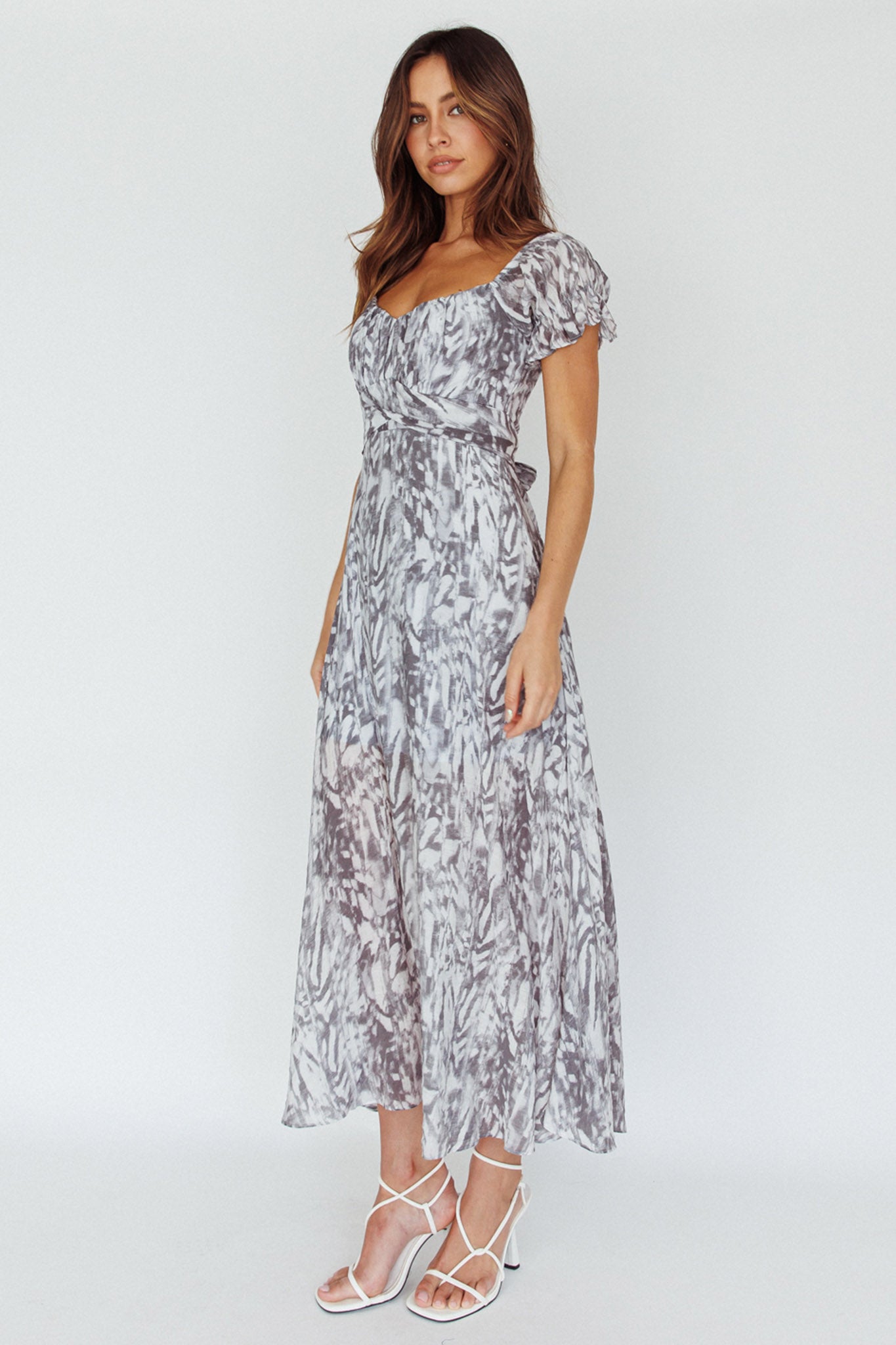 Linka Off-Shoulder Tie Back Midi Dress Printed Grey by Selfie Leslie