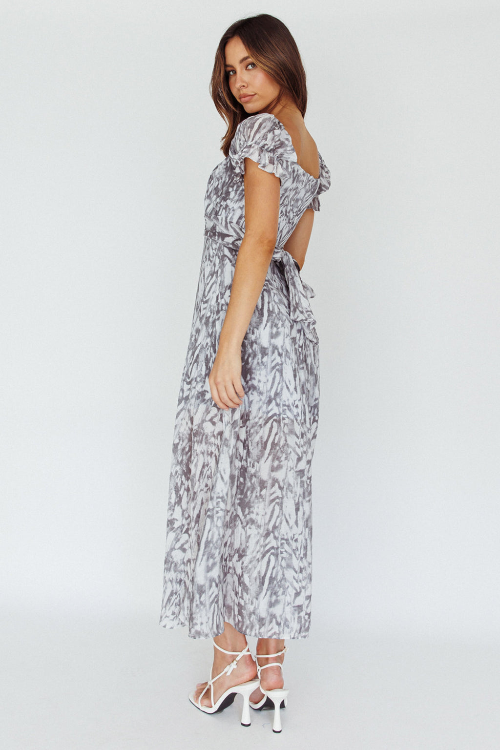 Linka Off-Shoulder Tie Back Midi Dress Printed Grey by Selfie Leslie