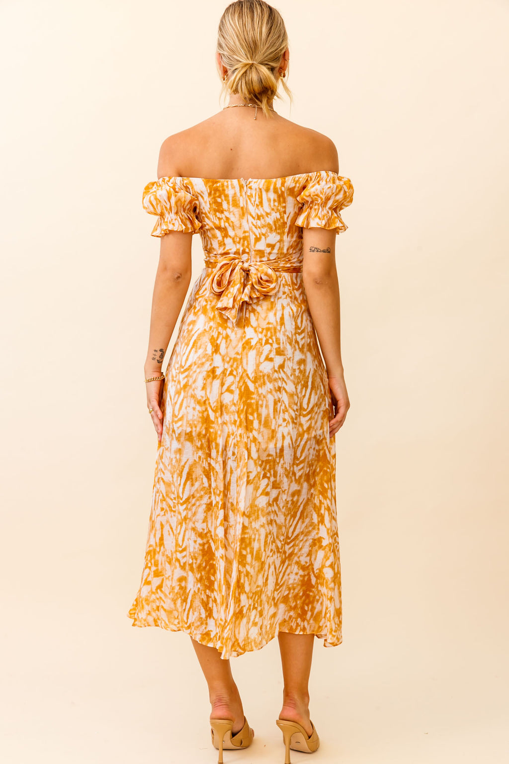Linka Off-Shoulder Tie Back Midi Dress Printed Orange by Selfie Leslie