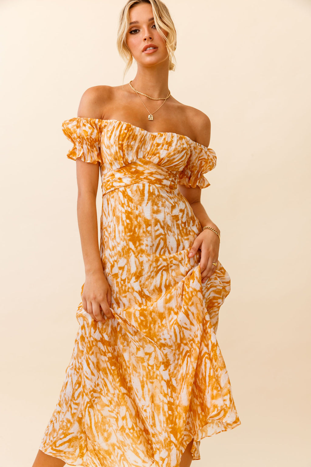 Linka Off-Shoulder Tie Back Midi Dress Printed Orange by Selfie Leslie