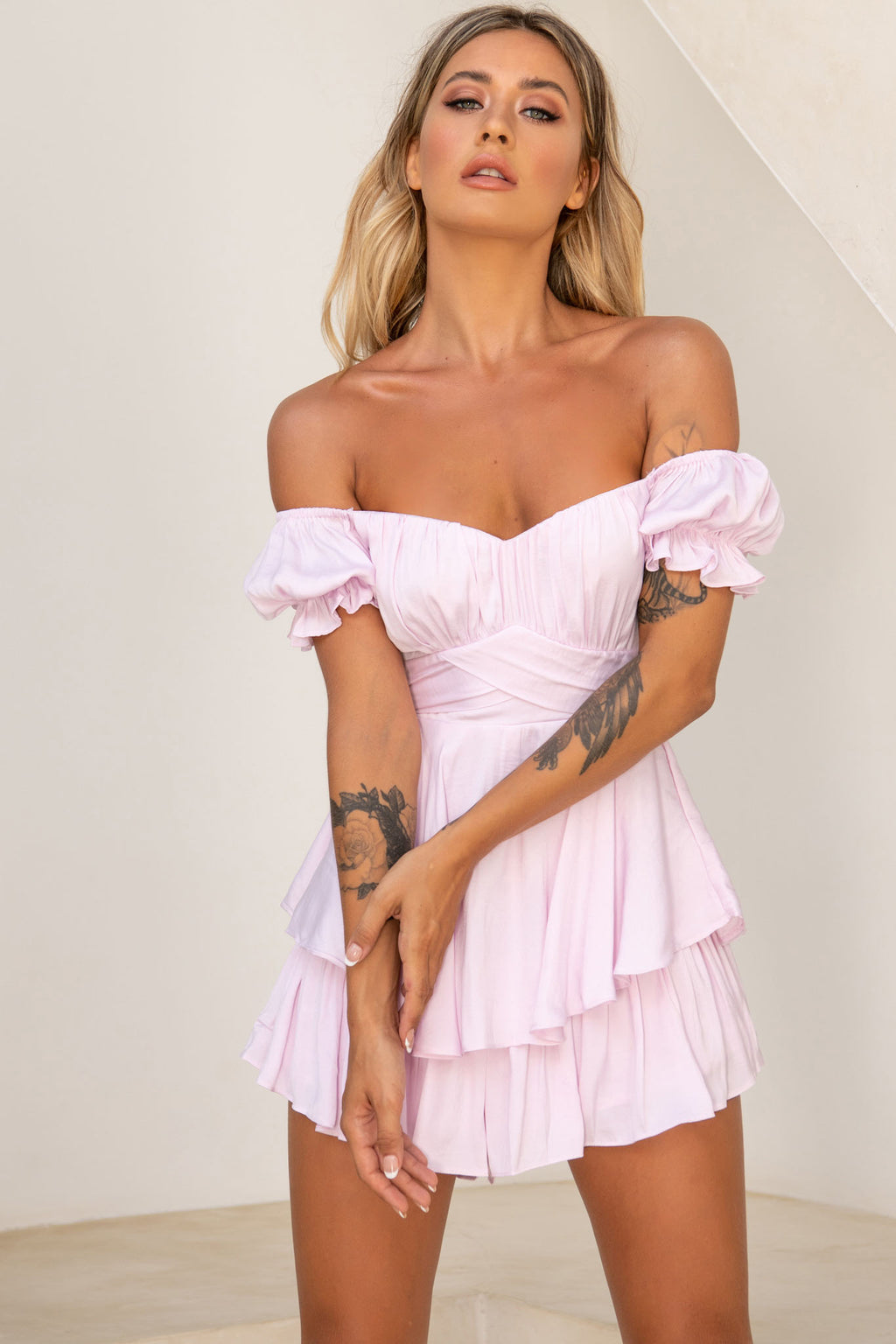 Linka Off-Shoulder Tie Back Romper Light Lilac by Selfie Leslie