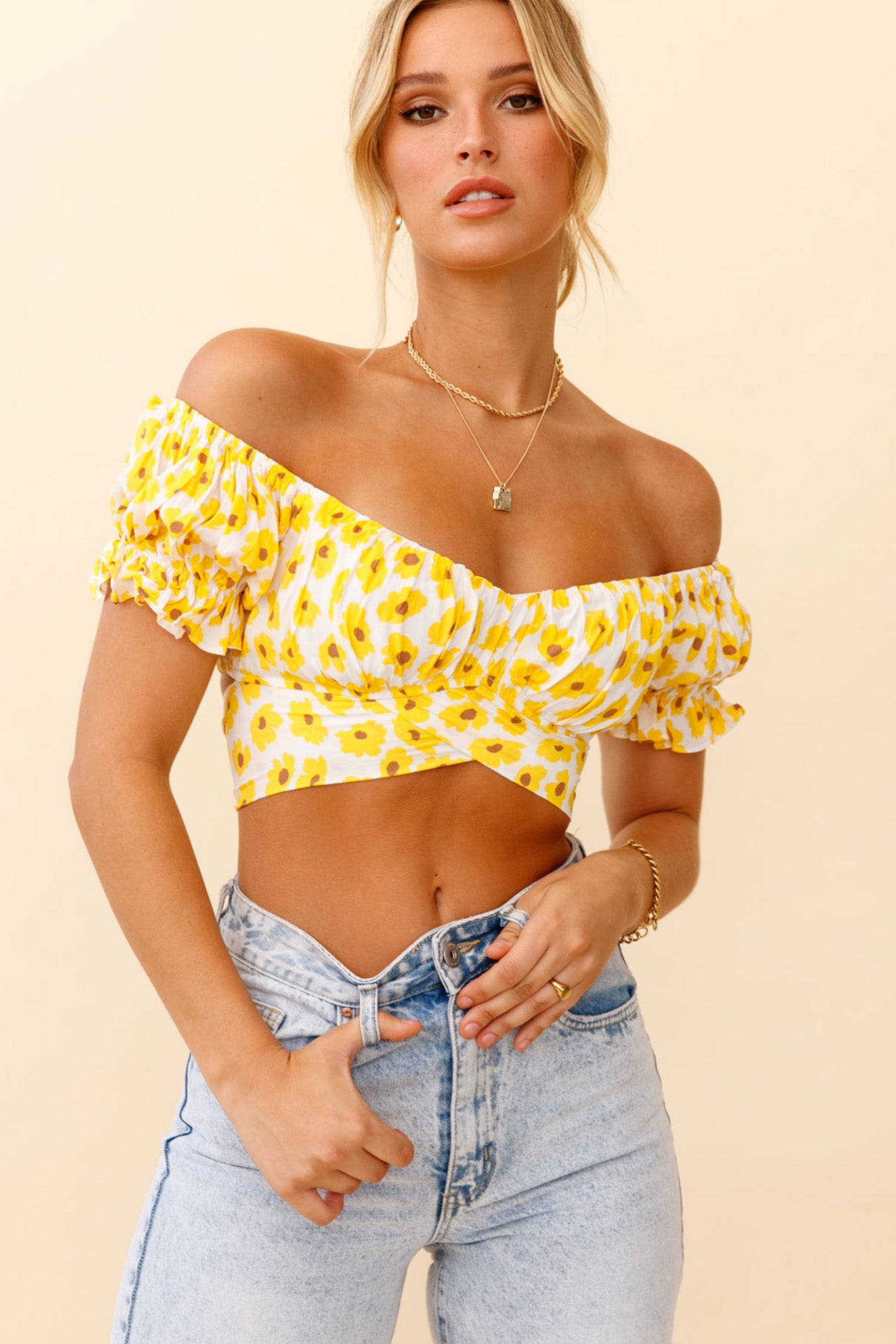 Linka Off-Shoulder Tie-Back Crop Top Flower Print Yellow by Selfie Leslie