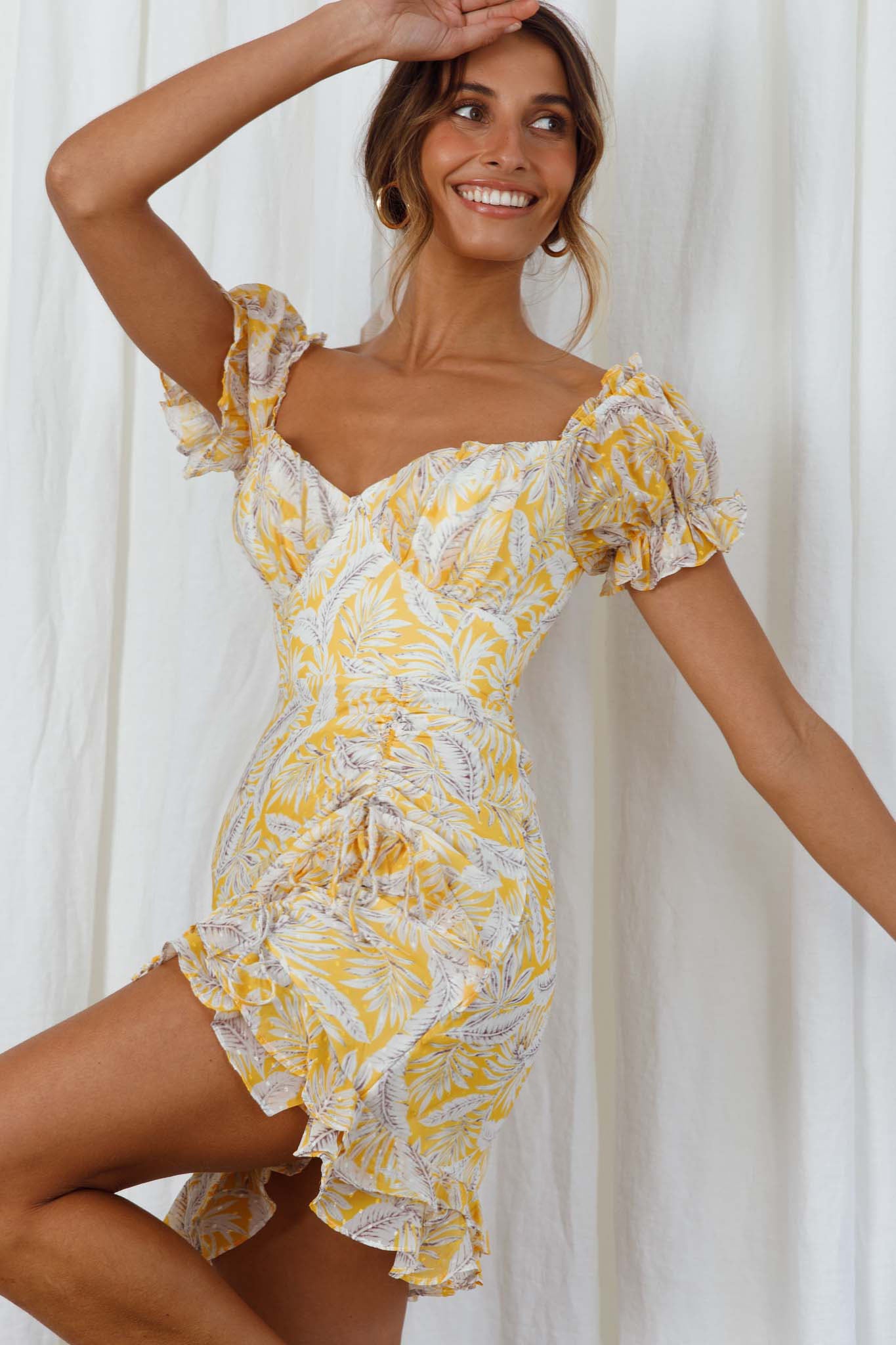 Linka Puff Sleeve Drawstring Detail Dress Palm Print Yellow by Selfie Leslie