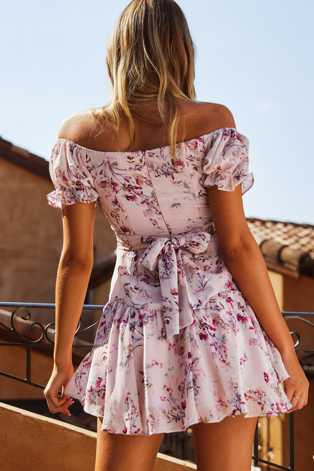 Linka Off-Shoulder Tie Back Fluted Hem Dress Ornate Floral Print Pink by Selfie Leslie