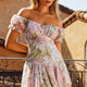 Linka Off-Shoulder Tie Back Fluted Hem Dress Floral Print Pink