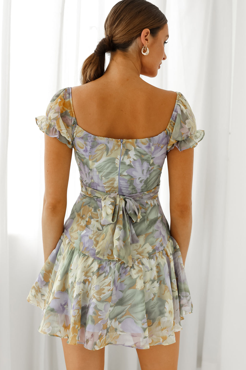 Linka Off-Shoulder Tie Back Fluted Hem Dress Floral Print Yellow by Selfie Leslie