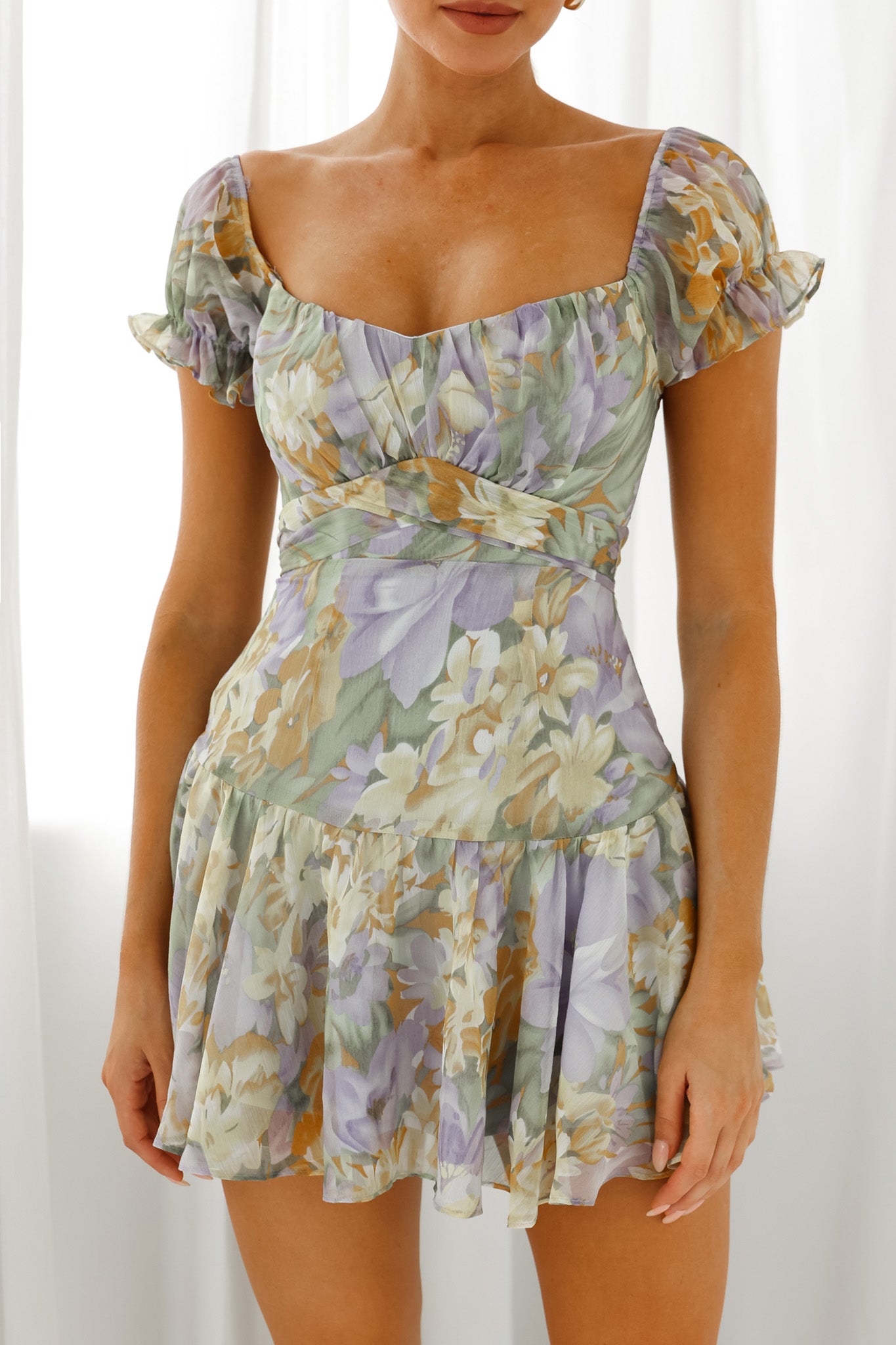 Linka Off-Shoulder Tie Back Fluted Hem Dress Floral Print Yellow by Selfie Leslie