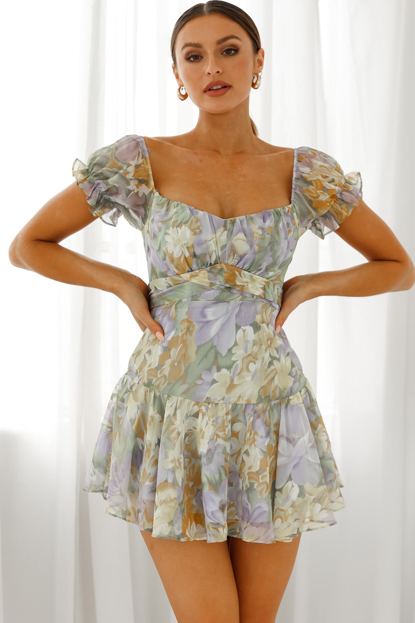 Linka Off-Shoulder Tie Back Fluted Hem Dress Floral Print Yellow by Selfie Leslie