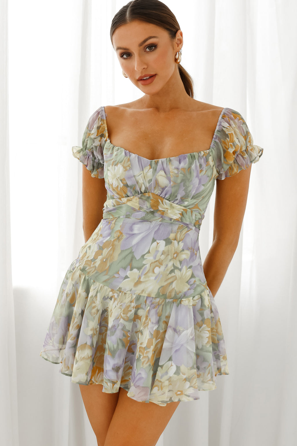 Linka Off-Shoulder Tie Back Fluted Hem Dress Floral Print Yellow by Selfie Leslie