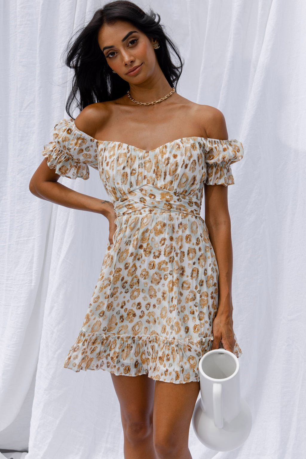 Linka Off-Shoulder Tie Back Dress Animal Print Sage by Selfie Leslie