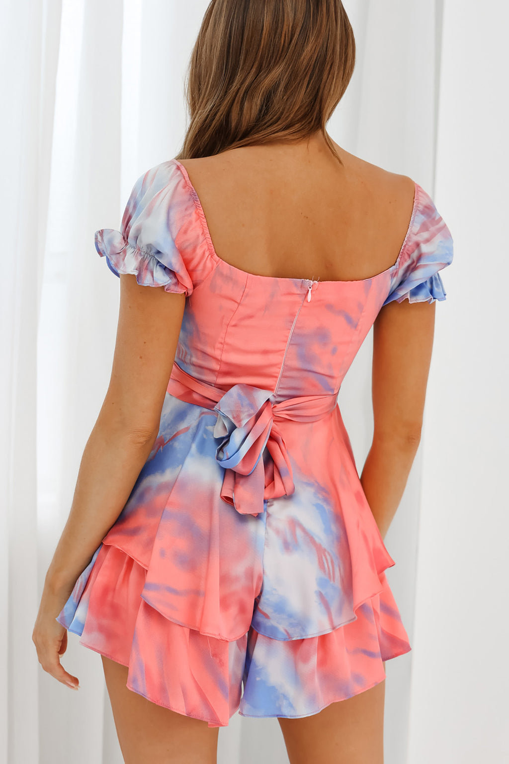 Linka Off-Shoulder Tie Back Romper Tie-Dye Pink/Blue by Selfie Leslie
