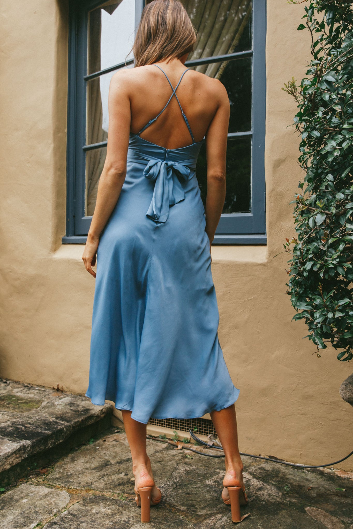 dusty blue satin midi dress Linka Cami Strap Midi Dress Dusty Blue