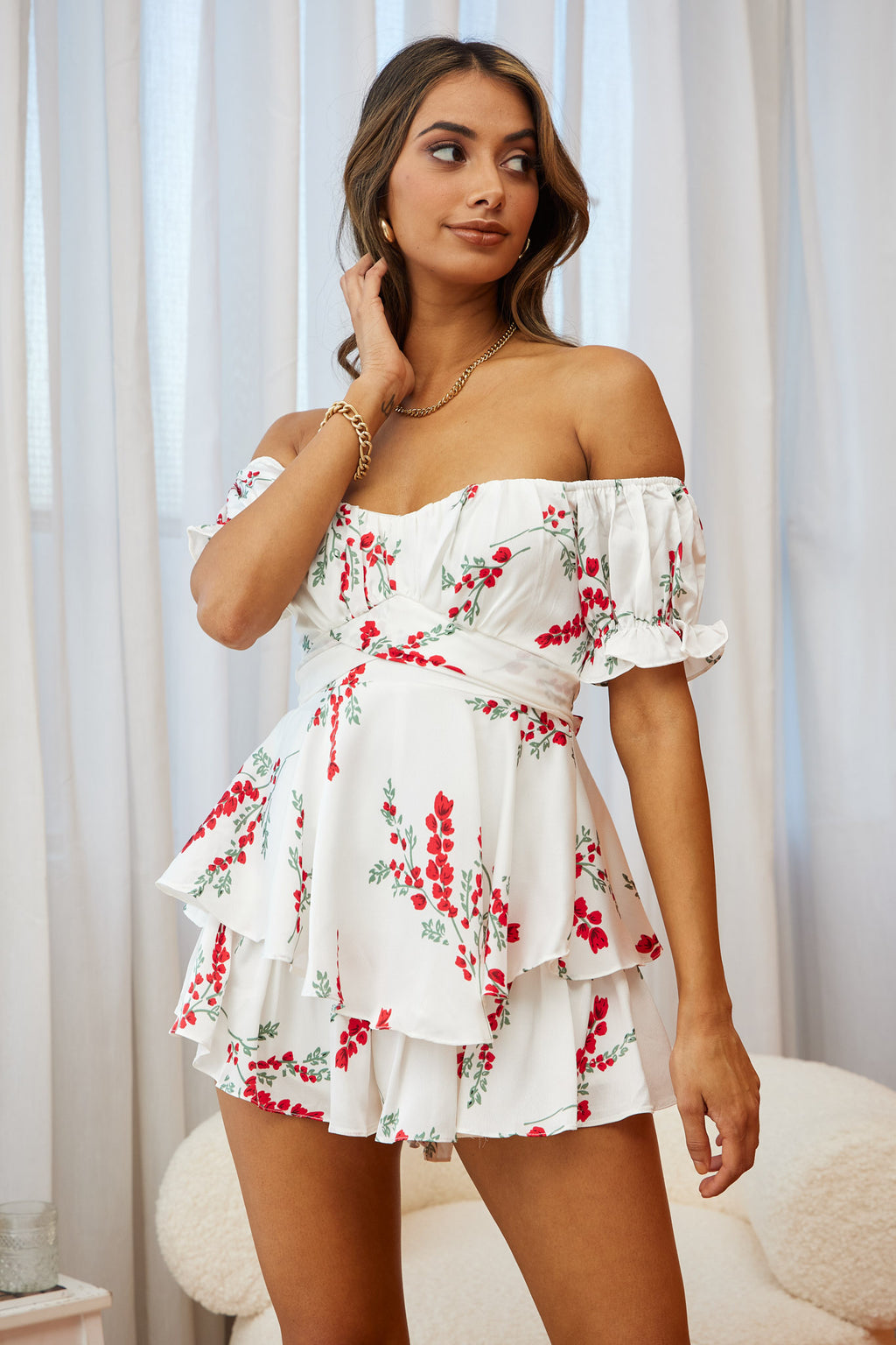 Linka Off-Shoulder Tie Back Romper Floral Spring Print White by Selfie Leslie