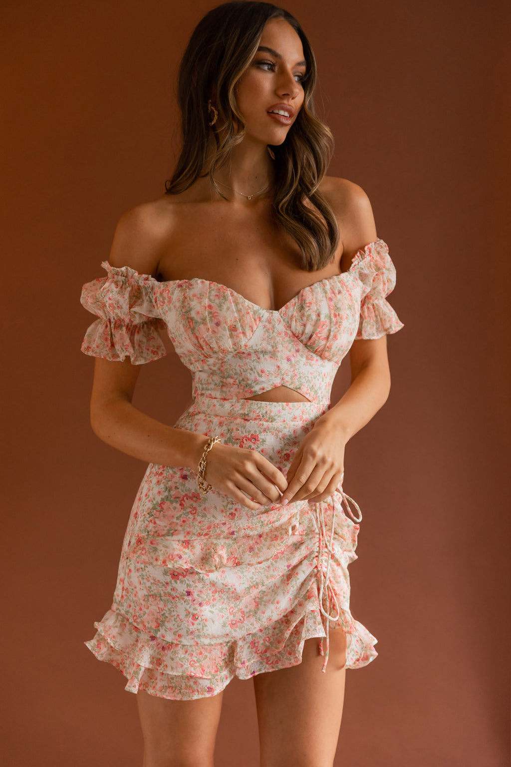 Linka Drawstring Detail Frill Dress Floral Blush by Selfie Leslie