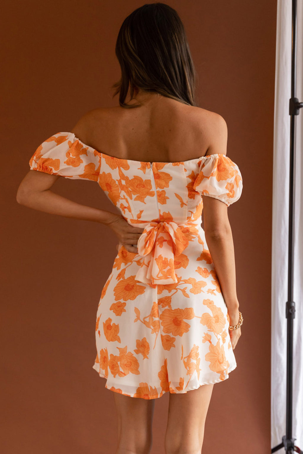Linka Puff Sleeve Waist Tie Dress Floral Orange by Selfie Leslie