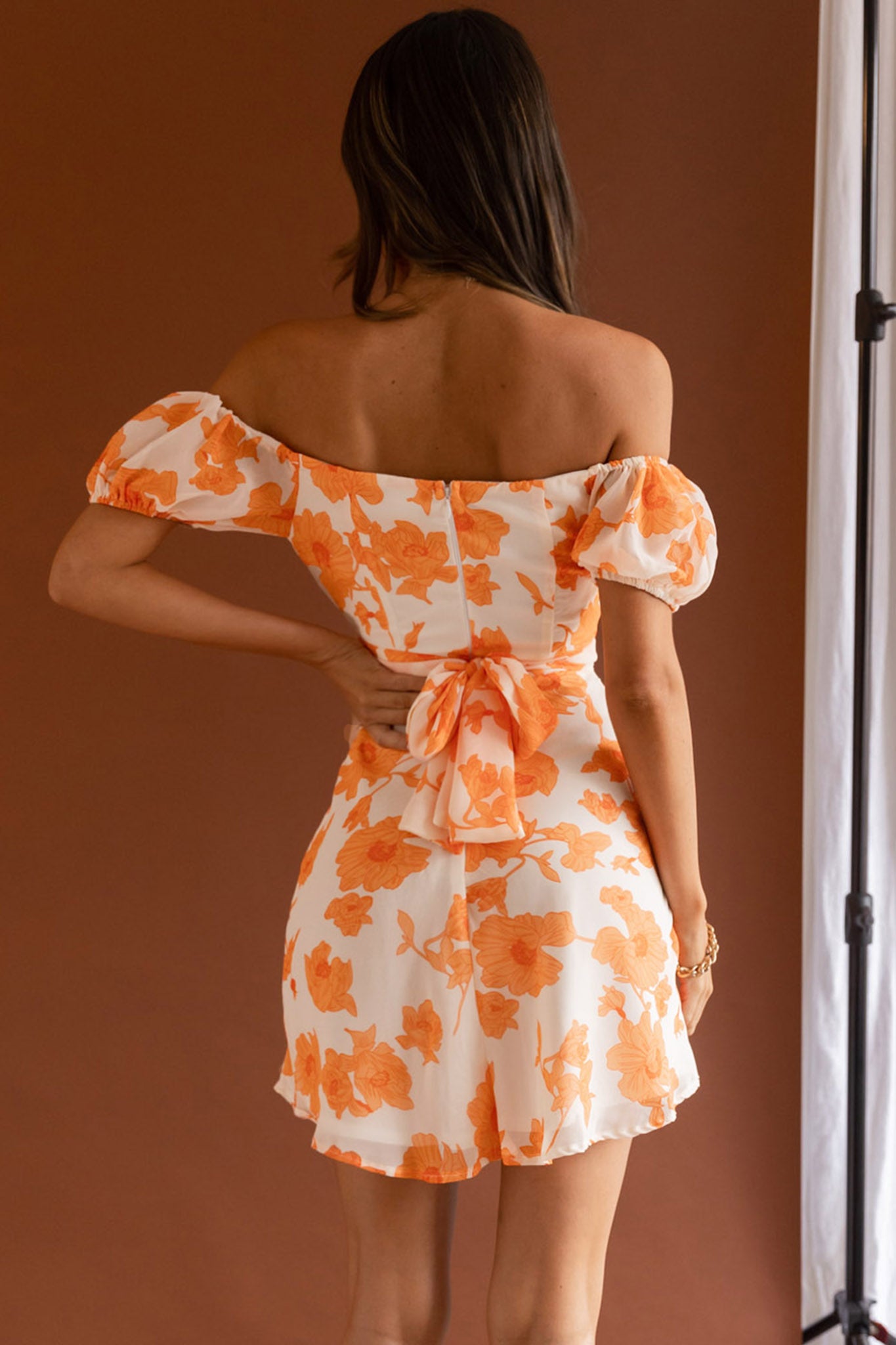 Linka Puff Sleeve Waist Tie Dress Floral Orange by Selfie Leslie