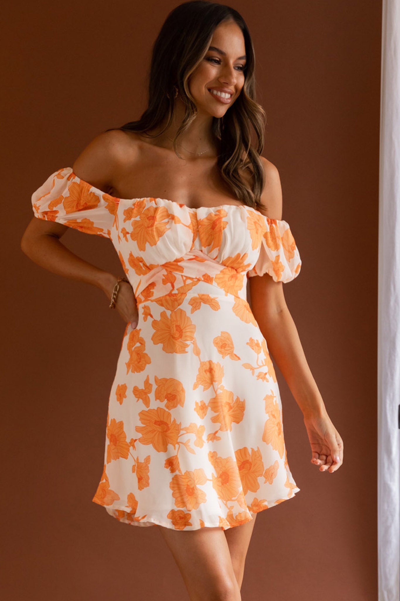Linka Puff Sleeve Waist Tie Dress Floral Orange by Selfie Leslie