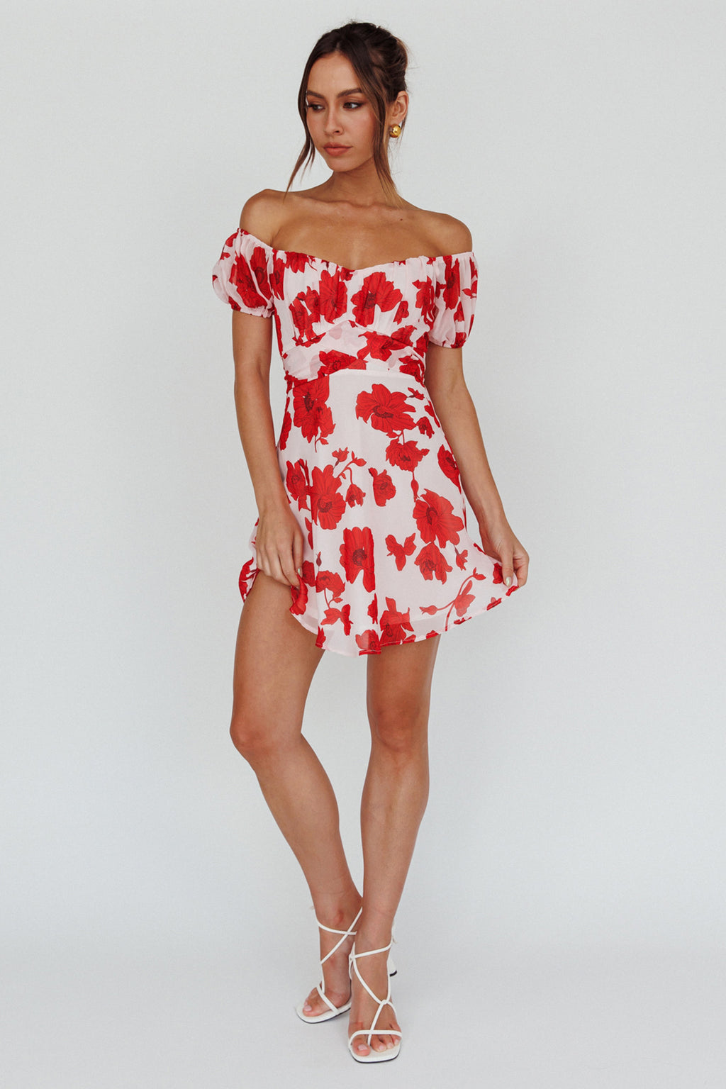 Linka Puff Sleeve Waist Tie Dress Floral Red by Selfie Leslie